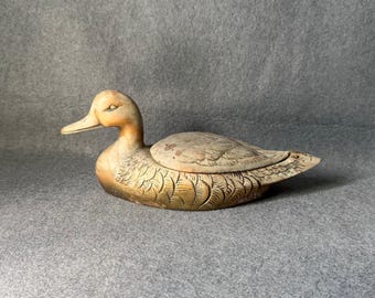 Vintage Brass Duck Box Lidded Decoy Trinket Dish MCM Mallard Valet Organizer Rustic Cabin Decor Korea Corona Heavy Solid Brass Duck Figurine