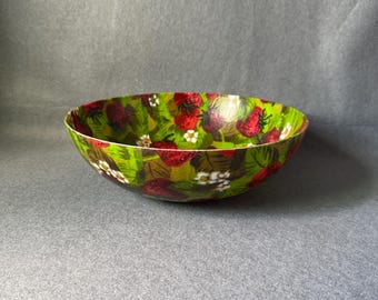 Rare Mid Century Fiberglass Strawberry Bowl, Large 12.5” Vintage Berry Serving Bowl, 1960s Artmor Style Kitsch Strawberry Kitchen Decor