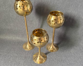 Vintage Brass Goblet Candle Holder Trio Pierced Cross Cutout Footed Votive Set 1970s India Altar Decor Tiered Candlesticks Hollywood Regency