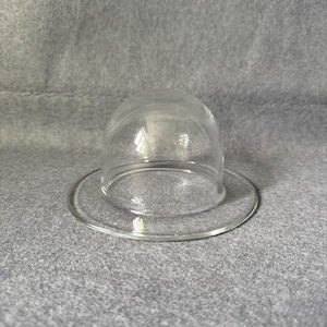 May include: A clear glass cloche with a rounded dome and a circular base. The glass is transparent, allowing a view of the background. The cloche is designed to protect or display small items.