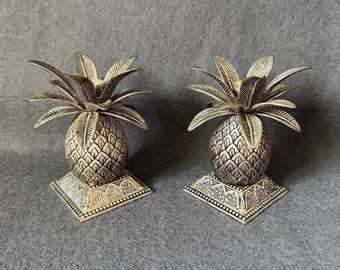 Vintage Godinger Silverplate Pineapple Candle Holders, Set of 2 Taper Candlesticks, Hollywood Regency Tropical Luxe Table Decor