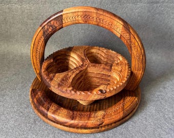 Vintage Hand Carved Collapsible Wooden Heart Basket | Folding 3-Tier Fruit Bowl | MCM Boho Snack Tray | Rustic Farmhouse Kitchen Decor | 10"