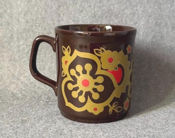 1970s Kiln Craft Floral Mug | Staffordshire England Ironstone Coffee Cup | Retro Brown Gold Kitchen Decor | Vintage Flower Power Drinkware