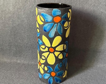 Vintage Italian Pottery Vase Black Floral Cylinder Blue Yellow Daisy Crackle Glaze Hand Painted Italy Home Decor 9.5 Inch