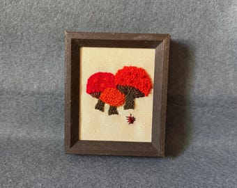 Vintage Mushroom Crewel Wall Art Framed Ladybug Embroidery Red Orange Cottagecore Decor
