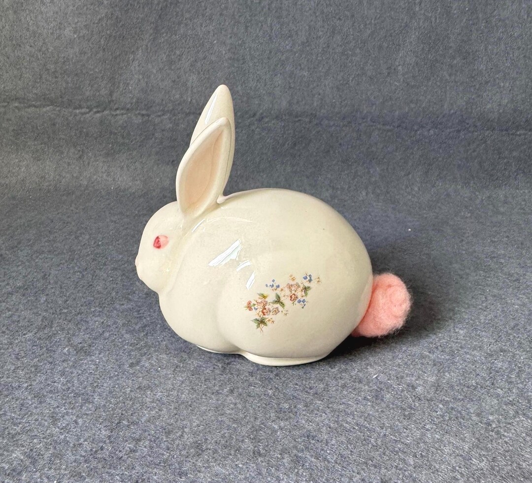 Rabbit Ruller Vanity Vintage Hana-noa Signed Bunny Cotton Ball Holder • Floral Porcelain ...