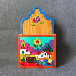 Wooden Handmade El Salvador Three Key Mail Holder Wall Hanging Hand Painted Bright Colorful Christian Mexican La Palma Folk Art Tile Mosaic