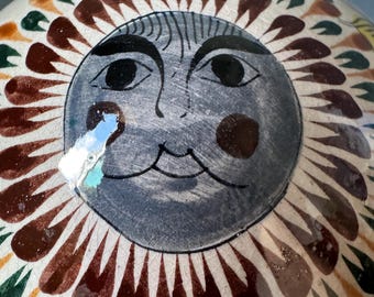 Vintage Tonala Pottery Mushroom Figurine Sun Moon Face Hand Painted Mexican Folk Art Ceramic Decor