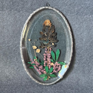 Puede incluir: Una obra de arte enmarcada de forma ovalada con flores prensadas y una piña. El marco de metal plateado rodea una composición floral de flores rosas, hojas verdes y una piña marrón oscuro. Tiene un lazo para colgar.