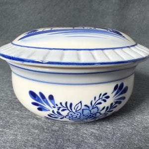 Vintage Oud Delft Blue Porcelain Trinket Box, Hand Painted Dutch Windmill Jewelry Dish Lidded, Chinoiserie Delftware Crown Mark, Cottagecore