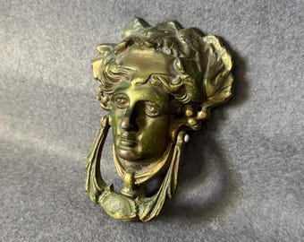 Vintage Brass Door Knocker Classical Roman Goddess Head, Mid Century Solid Cast Hardware, Heavy Patina Hollywood Regency Front Door Decor