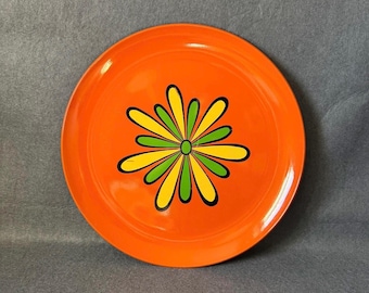 Vintage Broadmoor Japan Flower Power Serving Tray 16 Inch Orange MCM Daisy Lacquerware Platter Retro 70s Mod Bar Cart Decor
