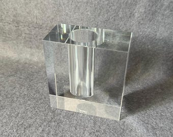 Vintage Modernist Crystal Block Bud Vase Heavy Glass Soliflore Paperweight