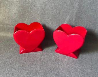 Vintage Pair 1990 Red Heart Planters Geometric Pedestal Vases 90s Pop Art Decor Postmodern Succulent Pots Valentine Gift Diamond Line DL-20