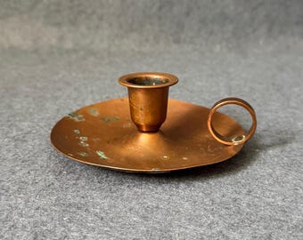 Vintage Solid Copper Chamberstick Candle Holder, Handcrafted Rustic Finger Loop Taper Holder, Patina Cottagecore Table Accent