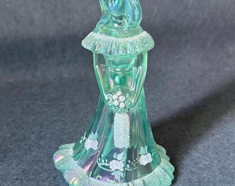 Fenton Iridescent Sea Mist Green Bridesmaid Doll Figurine, Hand-Painted Flowers, Signed Shelley Fenton, Vintage 1980s Wedding Decor