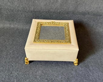 Rare Vintage Shiseido Mirror Jewelry Box Gold Filigree Footed Trinket Case Cream Faux Leather & Yellow Velvet, Hollywood Regency Vanity