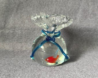 Vintage Murano Style Glass Goldfish in Bag Paperweight - Hand Blown Solid Art Glass Fish Sculpture - Coastal Nautical Desk Decor Unique Gift