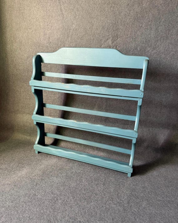 3 Tier Wooden Spice Rack Painted Blue Apothecary Cabinet Hanging Display Shelf Vintage Rustic Kitchen Space Saving Country Farmhouse Decor