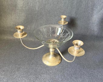 Vintage Silver Candelabra Centerpiece with Cut Glass Starburst Bowl, Hollywood Regency 3 Light Taper Candle Holder, Mid Century Dining Decor