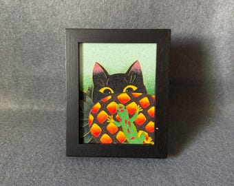 Framed Sand Art Black Cat Lizard Hawaiian Cloisonne Painting Wang Ge