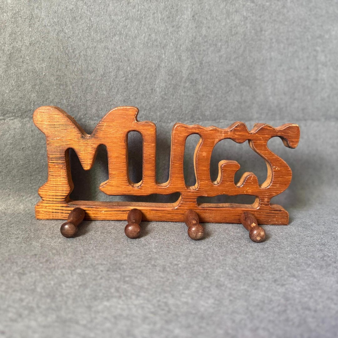 1970’s Wooden Wall Hanging Mug Rack Carved 4 Pegs “MUGS” Plaque Coffee ...