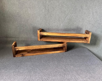Pair of Scorched Wood Floating Shelves | Rustic Burnt Wood Spice Racks | Live Edge Style Wall Display | Farmhouse Kitchen Organizer Set