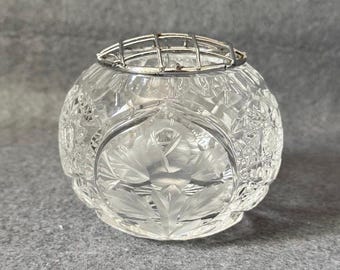 Vintage Cut Crystal Rose Bowl Vase with Flower Frog Lid | Mid Century Glass Posy Pot Centerpiece | Hollywood Regency Table Decor