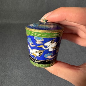 Vintage Miniature Chinese Cloisonne Pot with Lid, Small Brass Enamel Trinket Box, Blue Lidded Jar Crane Bird Dragon, Chinoiserie Decor