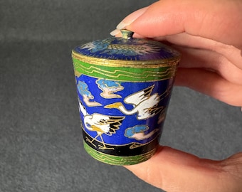 Vintage Miniature Chinese Cloisonne Pot with Lid, Small Brass Enamel Trinket Box, Blue Lidded Jar Crane Bird Dragon, Chinoiserie Decor