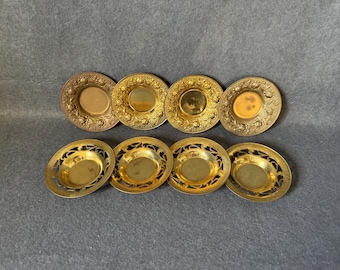 Vintage Brass Coasters Set of 8 Embossed Rose Filigree Mini Saucer Plates Hollywood Regency Candle Holder Whimsigoth Trinket Dish