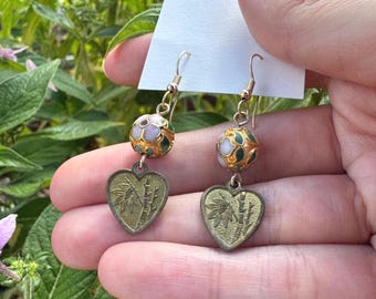 Vintage Floral Cloisonne Bead Earrings with Chinese Good Luck Character & Bamboo Heart Dangles, Asian Asian Art Jewelry Gift