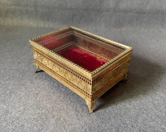 Vintage Brass Glass Casket Jewelry Box, Footed Filigree Ormolu Display Box, Red Velvet Lining, Hollywood Regency Vanity Decor Trinket Box