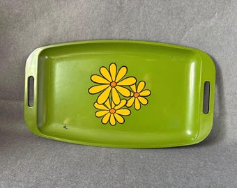 Vintage 1970s Flower Power Melamine Serving Tray with Handles | Avocado Green Yellow Daisy Serving Platter | Retro Cottagecore Hippie Decor