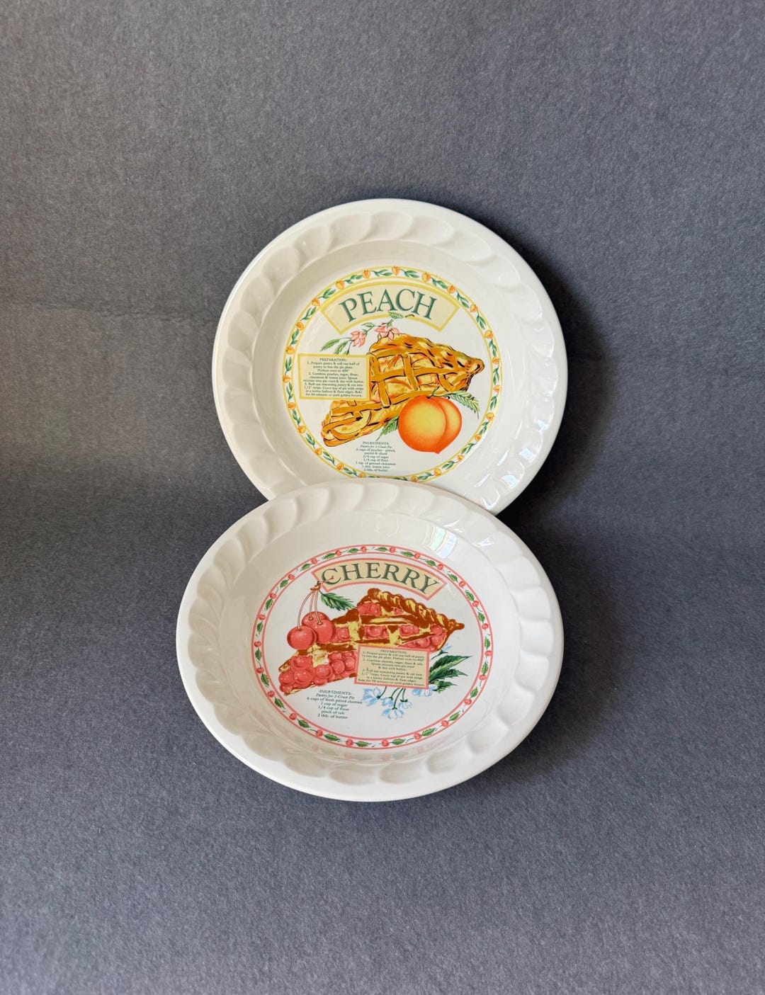 Vintage Ceramic Stoneware Peach & Cherry Pie Recipe Plates Baking ...