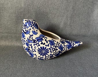 Large 10.5" Cobalt Blue Chinoiserie Bird Planter, Vintage Style Blue & White Floral Ceramic Bird Dish Bowl, Grandmillennial Shelf Decor