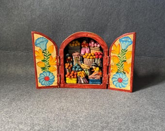 Peruvian Folk Art Retablo Signed Eleudora Jimenez, Vintage Handmade Wood Nicho Diorama, Miniature Fruit Market Stand Box