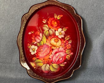 Signed Russian Zhostovo Metal Tray Red Floral Lacquerware Natalya Klimova Hand Painted Toleware Serving Tray Scalloped Edge Vanity 15x12