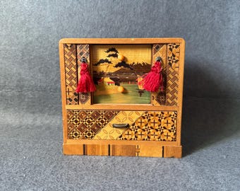 Vintage Japanese Yosegi Marquetry Jewelry Box Mini Cabinet Tansu MCM