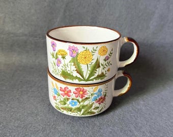 Vintage Japanse soepmokken van gespikkeld aardewerk, set van 2, koffiekopjes met wilde bloemen en bloemen, boho cottagecore keukendecor, grote botanische mokken