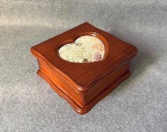 Vintage Wooden Heart Jewelry Box, Floral Tapestry Needlepoint Trinket Box, Cottagecore Small Wooden Storage Box with Mirror, Gift for Her