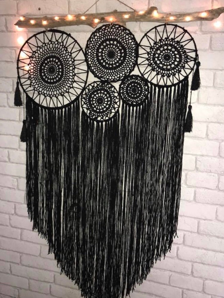 Black Magic Dreamcatcher, Tenture Murale Tout en Attrape Rêves Entièrement Fait Maison.