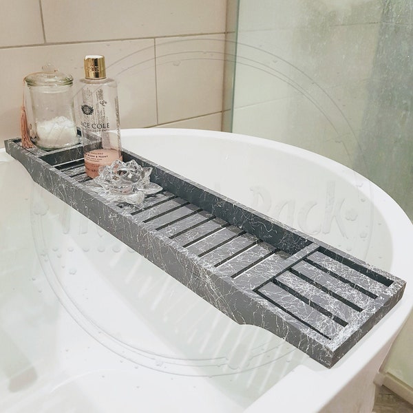 Grey Grid Abstract Marble Effect Bath Rack Caddy Bath Tray Bath Board Tablet Phone Drinks Holder