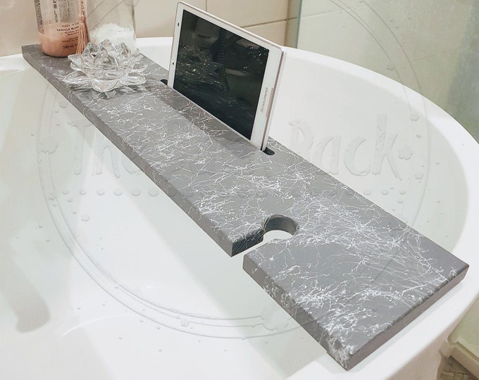 HOZY - Wooden Grey Marble Effect Bath Rack Caddy Bath Tray Bath Board Caddy Tablet Phone Drinks Holder