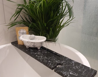 BORA - Black Marble Effect Bath Rack Bath Caddy Bath Tray Bath Board Wooden Tray Tablet Phone Drinks Holder