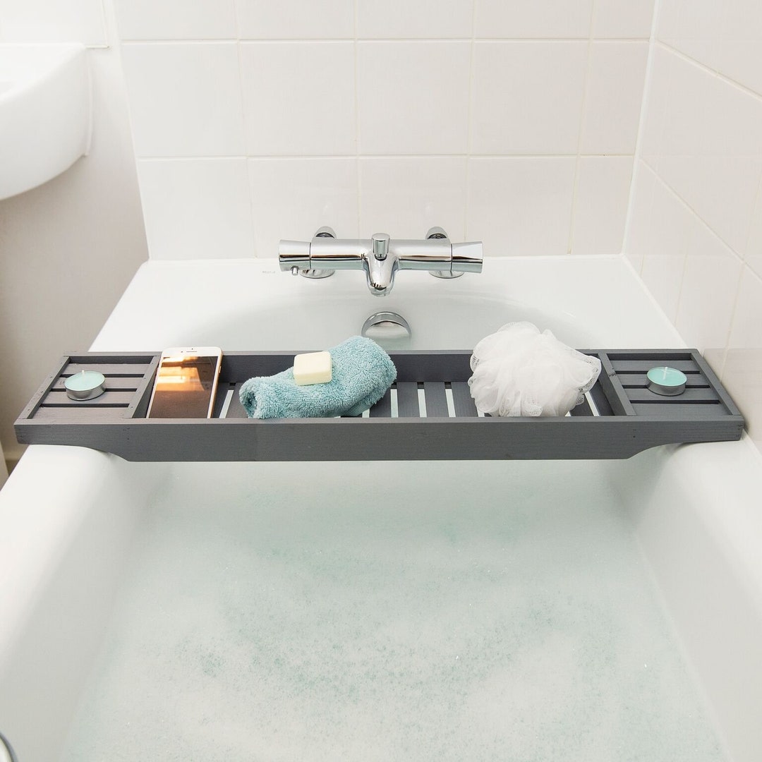 Wooden Grey Bath Rack Over the Bath Storage Tray Bath Board Bath Rack