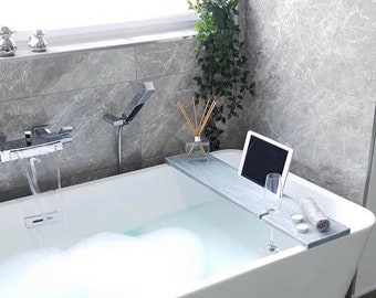 Wooden Grey Distressed Bath Rack Bath Tray With Tablet Slot And Wine Glass Holder Bath Caddy Bath Board
