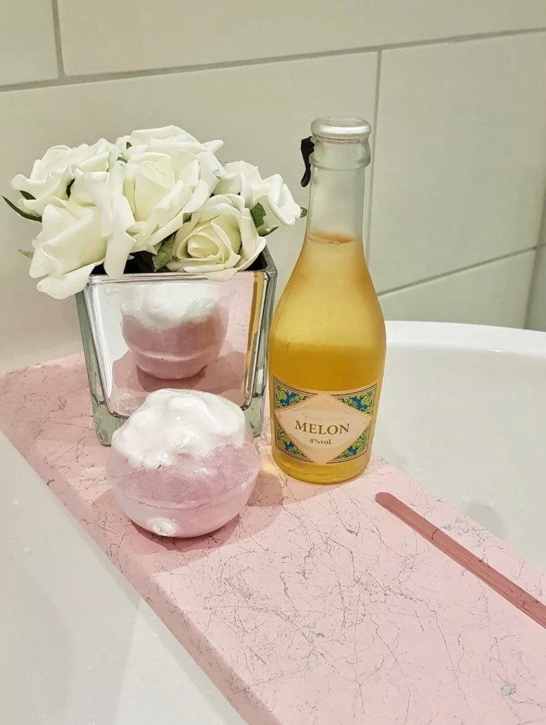 Marble Effect Pink Wooden Bath Rack With Tablet Slot And Wine Etsy