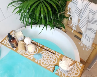 Boho Amaya Bath Tray Wooden Bath Rack Bath Caddy Bathtub Tray Bath Board Oak with White Pattern