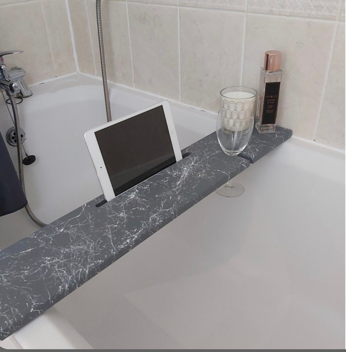 Wooden Grey Marble Effect Bath Rack Caddy Bath Tray Bath Board Etsy